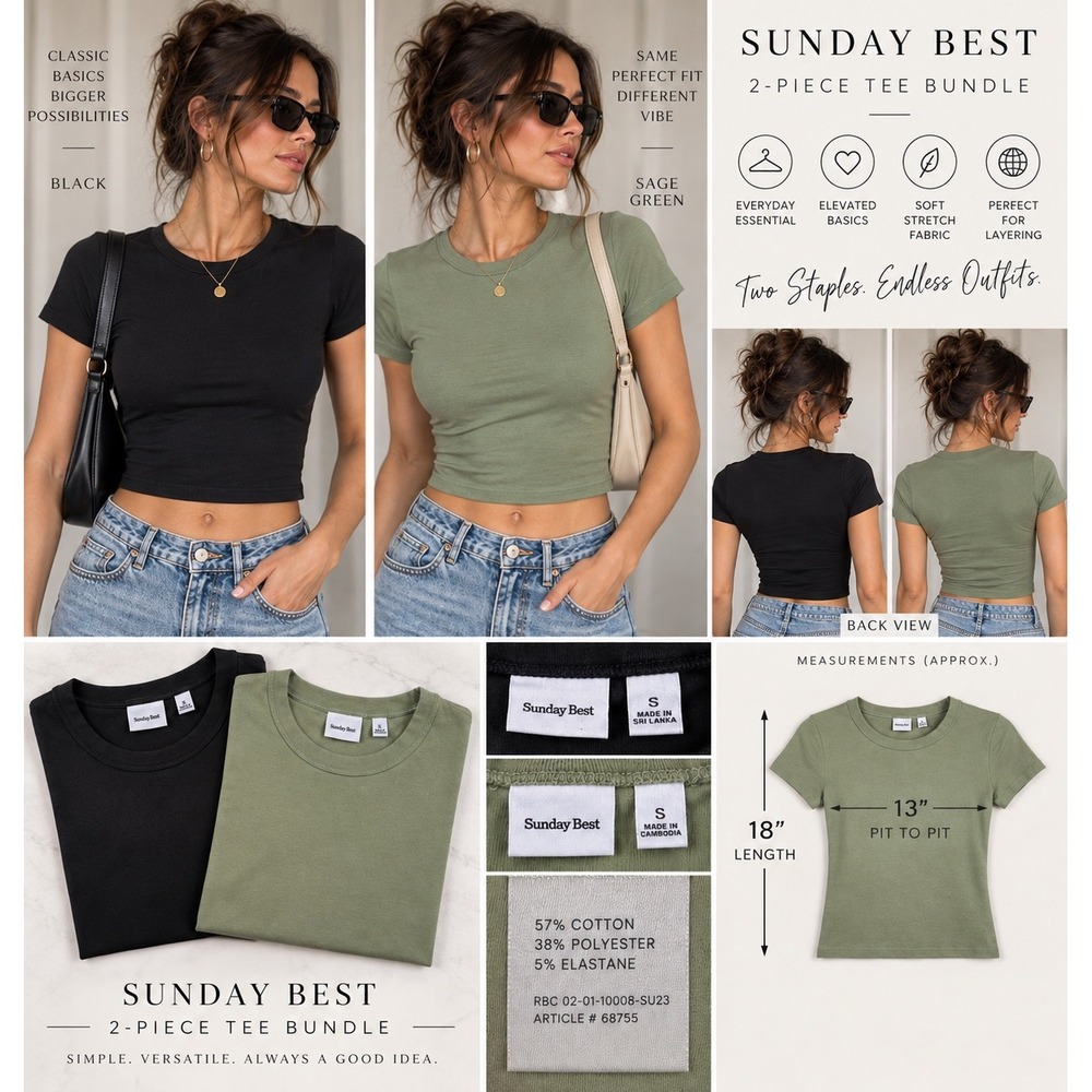 Aritzia Sunday Best Baby Tee Bundle S Black Sage Green Y2K Fitted Crop Tops